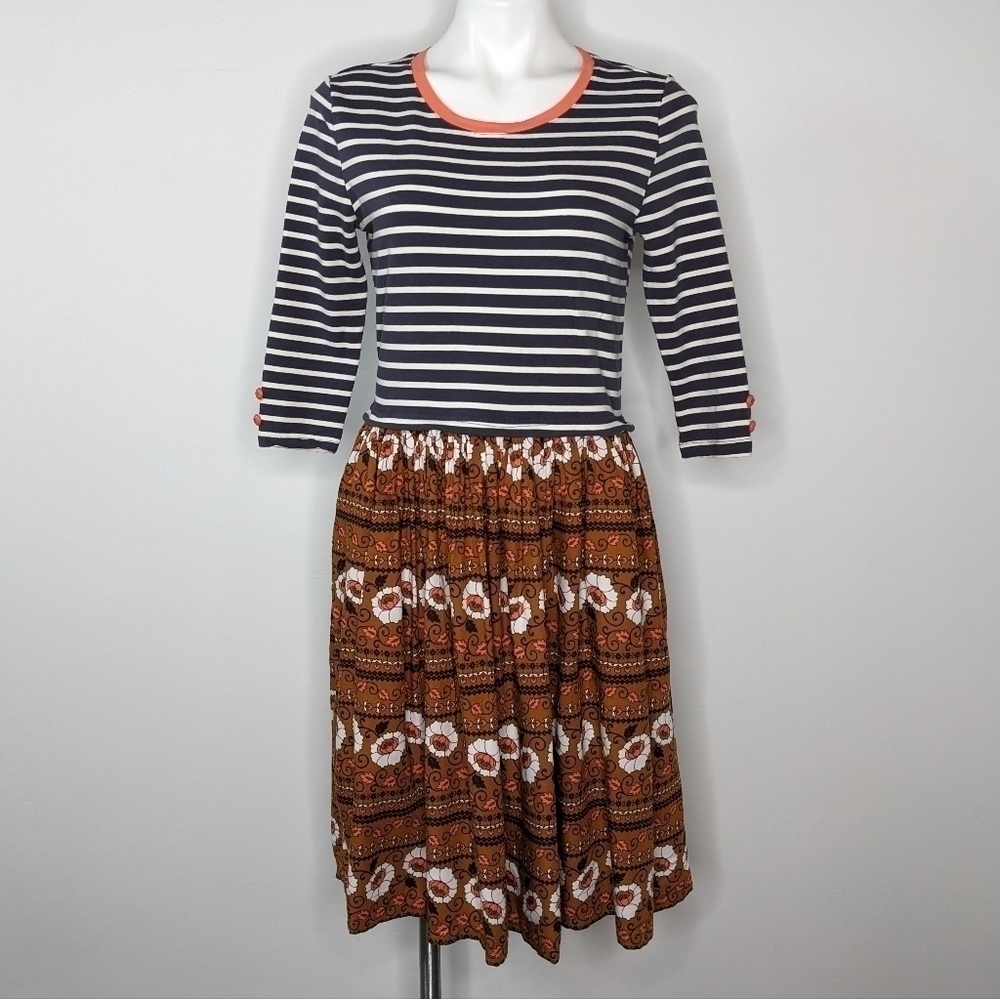 Matilda Jane blue white & brown striped floral dress S